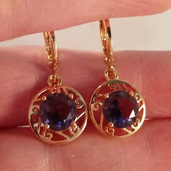 18K Yellow Gold Filled Flower Amethyt Purple Diamond Zircon Earrings 2.04ctw Ea. - Picture 2 of 4